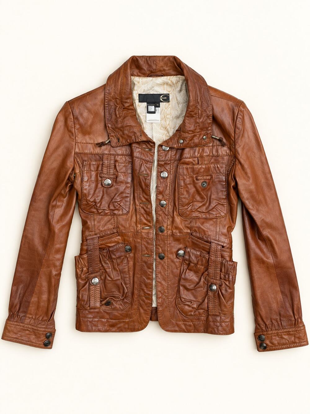 Just Cavalli Brown Leather Utility Jacket IT 40 Made in Italy